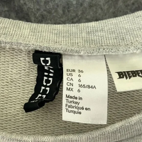 Justin Bieber Women Sweatshirt 6 Gray H&M Cut Off Long Crew Neck Concert Purpose - Picture 4 of 11
